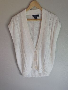 Vintage OHI Cable Knit Sweater Vest Cream V-Neck Button Front Size S